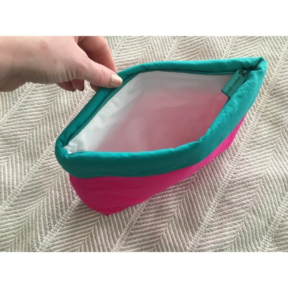 Zipper Pouch Bag Vintage Estee Lauder Hot Pink Teal Cuffed Plastic Lined 1980s
